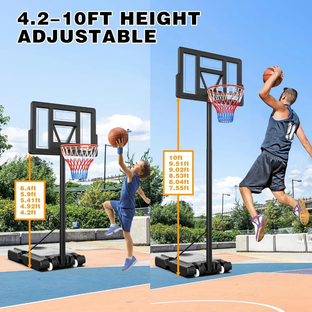 高さ調節可能なバスケットボールゴール - ポータブル屋内外兼用、全年齢対応、長さ44インチ、高さ4.3フィートから10フィート、ジュニアから大人まで