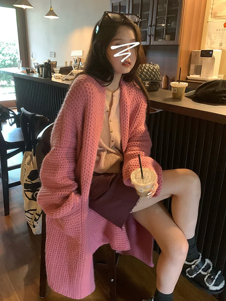 

Pink Knitted Sweater Coat Women's Autumn Winter Medium Length Loose Outerwear Soft Thiened Cardigan V-ne Long Sve