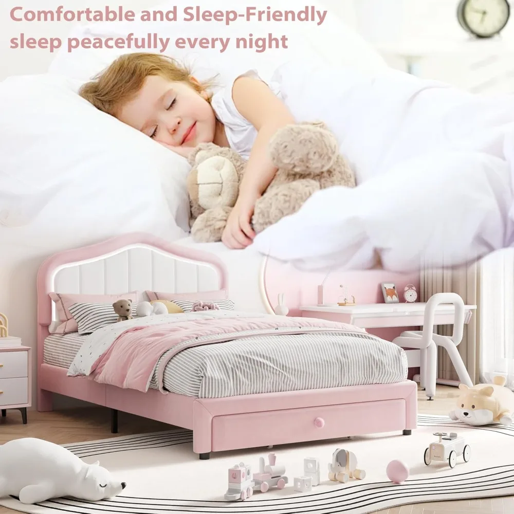 Cadre de lit double LED en velours avec tiroirs de rangement et tête de lit pour enfants et filles