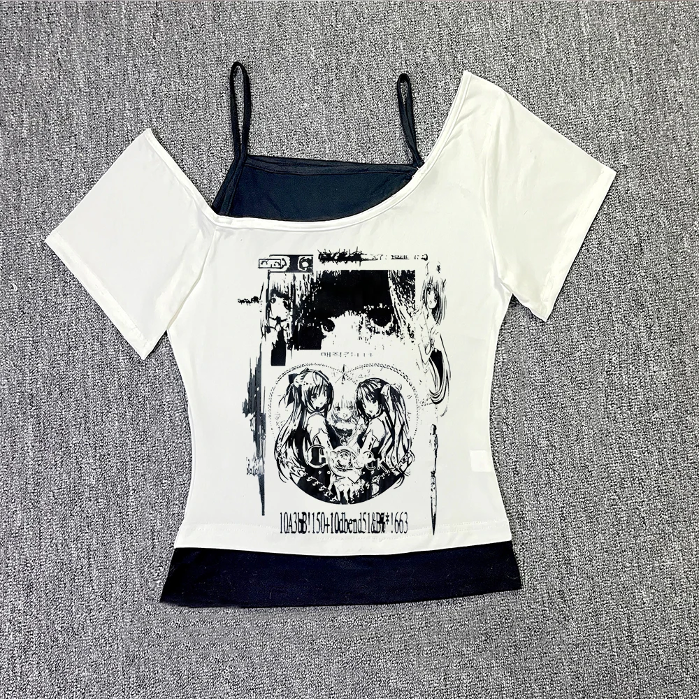 Tops de los años 2000, camisola gótica de ocio, Tops cortos Grunge con estampado de Chica de Anime, ropa Y2k, camiseta sin mangas Vintage para mujer, camisetas ajustadas para bebé