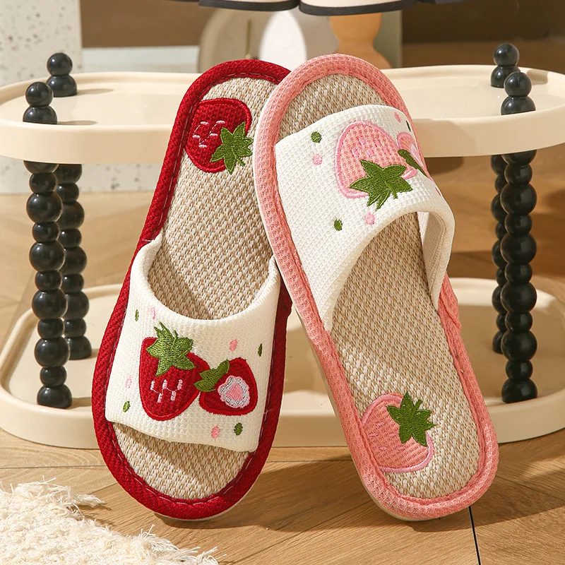 Strawberry Linen Women Slippers Home Open-Toe Designer Summer Girls Indoor Slides Non-Slip Soft Silent Breathable House Slippers view 2