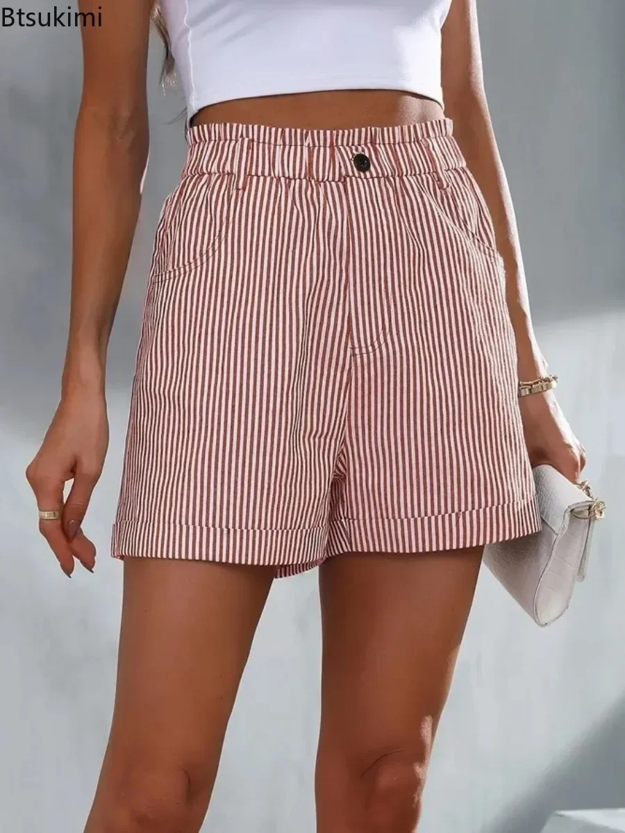 New 2025 Women's Summer Casual Pockets Striped Printing Shorts Loose Summer Pants Shorts for Women Elastic Waist Straight Shorts