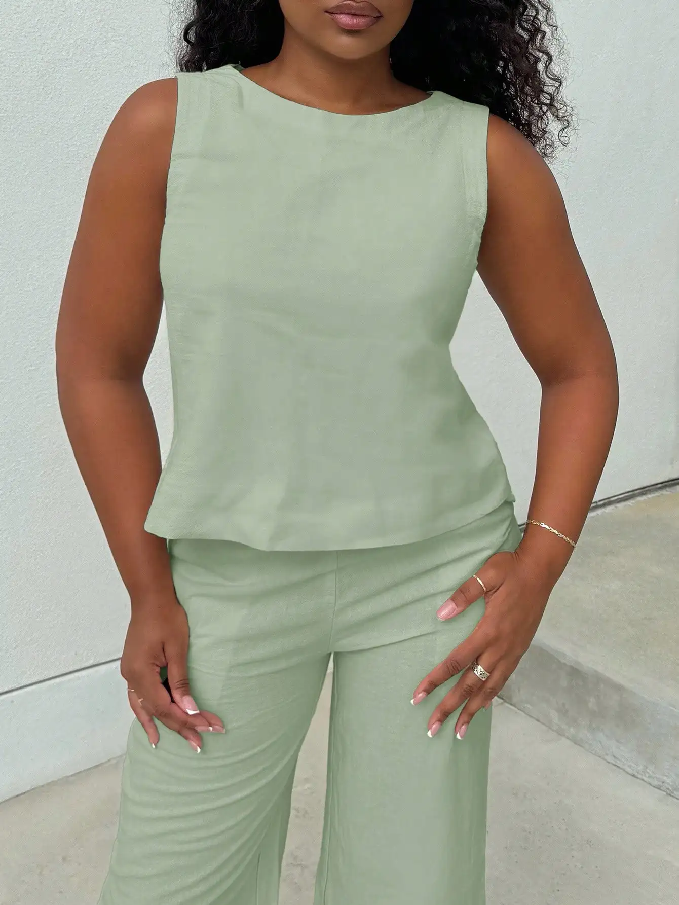 

Женский комплект из льняной майки однотонного цвета и свободных прямых брюк с высокой талией, повседневный наряд для весны и лета