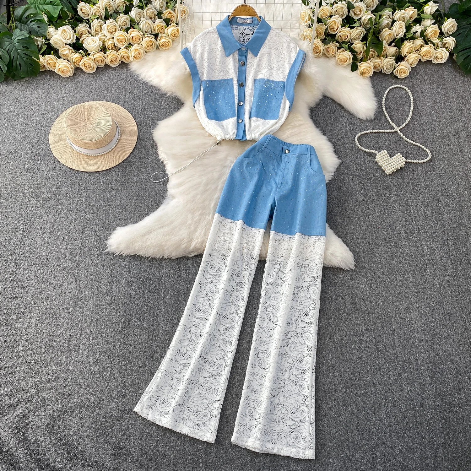 

Hollow Flowers Lace Patchwork Denim Shirt Diamonds Beaded Jeans Blouses Drawstring Waist Tops+High Waist Wide Leg Pants 2Pcs Set