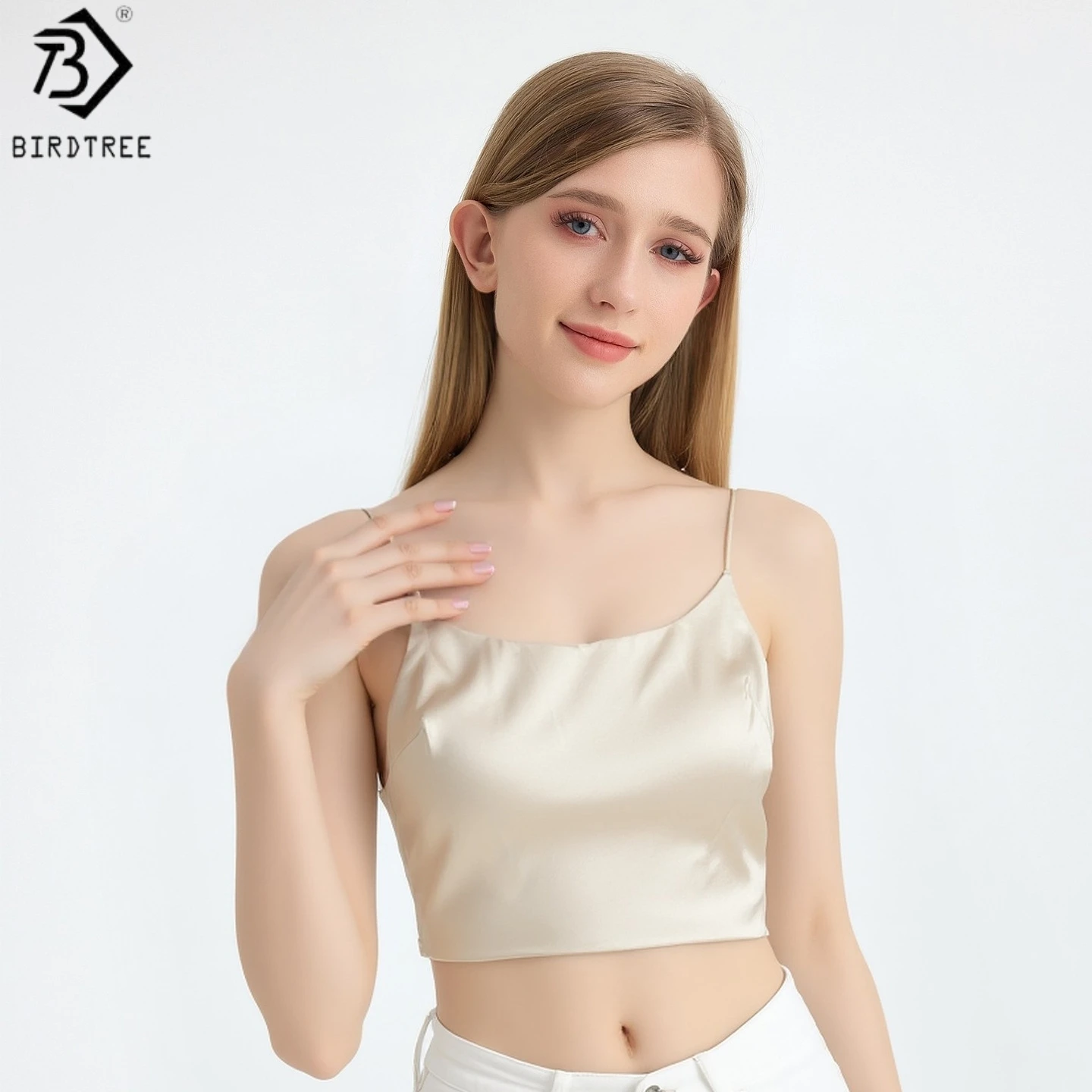Birdtree,19MM 93% Silk 7% Spandex Tank Top,with Built In Bra Vest,Woman's Stretch Satin Bottoming Sling Tops,2026 New T61604JF