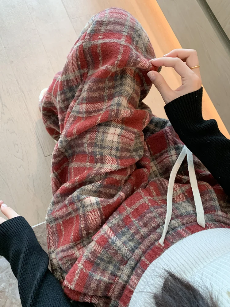 

Женские шерстяные брюки с высокой талией и широкими штанинами в клетку, на флисовой подкладке, в стиле ретро, повседневные, свободного кроя, для весны и осени