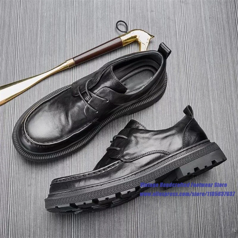 Black Leather Lace-Up Casual Leather Shoes Thick-Soled Casual Shoes Round Toe Business Shoes Vintage Handcrafted Men's Shoes