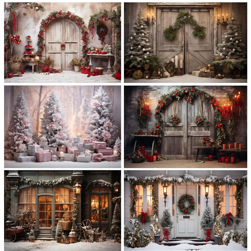 

Christmas Day Photography Backdrops Prop Fireplace Window Winter Xmas Tree Decoration Flower Garland Wood Door Background JU-01