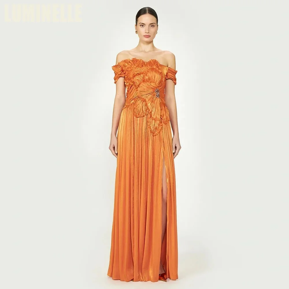 

Glitter Chiffon Evening Dresses Off Shoulder Pleated Long Cocktail Party Dress with Slit Draped Beaded Prom Gowns Customized