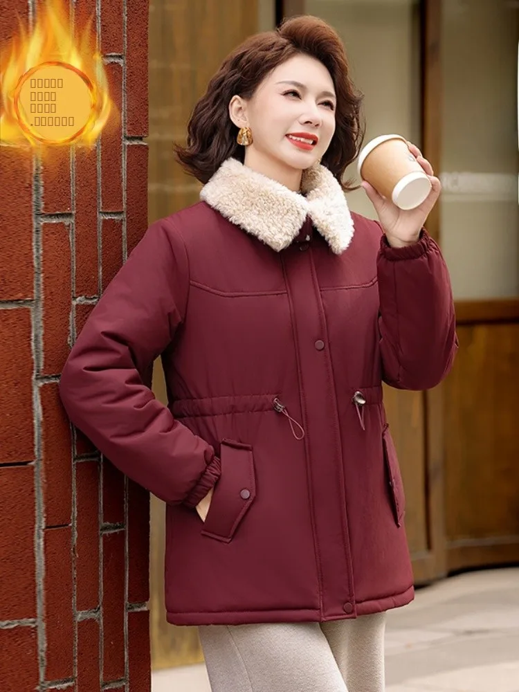 

Thiened Cotton Jaet Faionable Winter Coat for Middle-Aged And ly Warm Fce-Lined Waist-Cinching Polyester Fiber