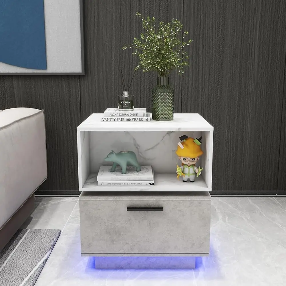 

Nightstands 360° Rotating Bedside Table With Drawer And Led Light, Modern Simple Night Stand Living Room Side Table And End