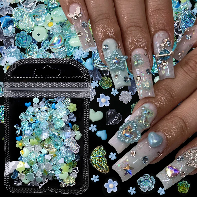 50 sztuk perłowy różowy kokardka w kształcie serca mieszane ozdoby do paznokci Kawaii Nail Art Charms gwiazda motyl DIY akcesoria do paznokci