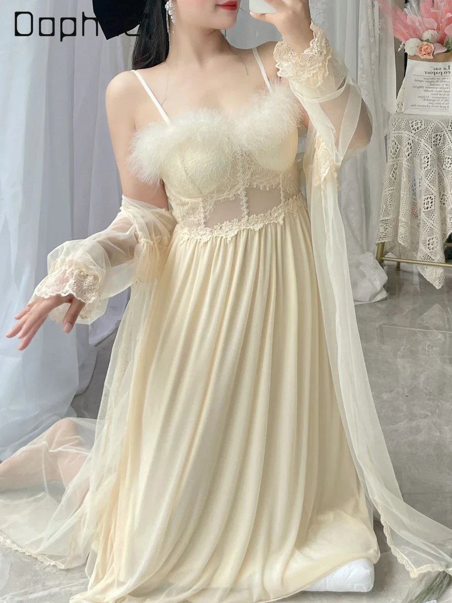 

Oversized Nightgown Two Piece Set for Women with Chest Pad Feather Slip Nightdress and Long Sleeve Mesh Robe Sexy Bathrobe