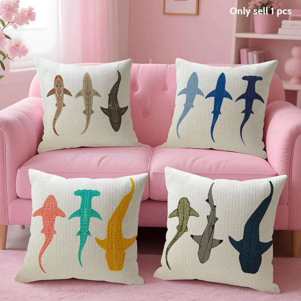 Cartoon Shark Cushion Cover Linen Organic Fabric Double-Sided Printing Sofa Breathable Home Decor Gift Pillow Case