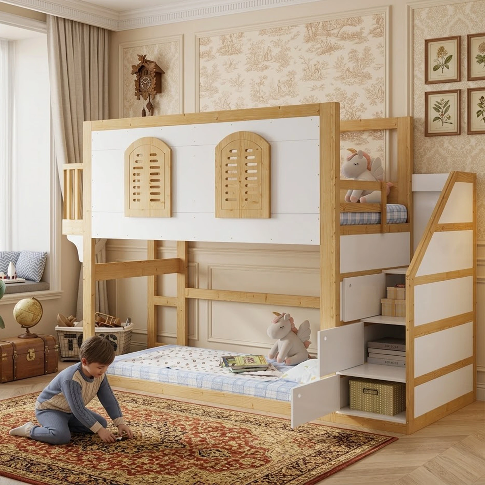Lit mezzanine en bois massif avec escalier de rangement, lit superposé pour enfants avec espace de jeu et fenêtre, sommier à lattes stable, pin + MDF + contreplaqué, blanc + naturel, 90x200cm