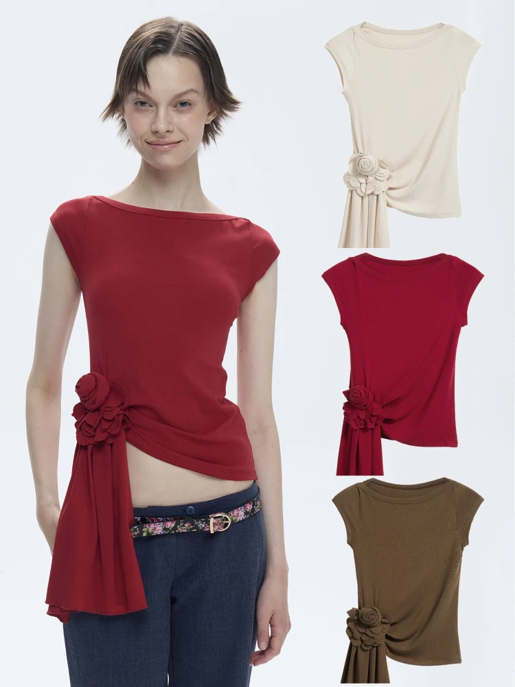 

Новая женская футболка 9266Studio с асимметричным цветочным принтом, круглым вырезом и коротким рукавом, приталенная, летняя, влагоотводящая