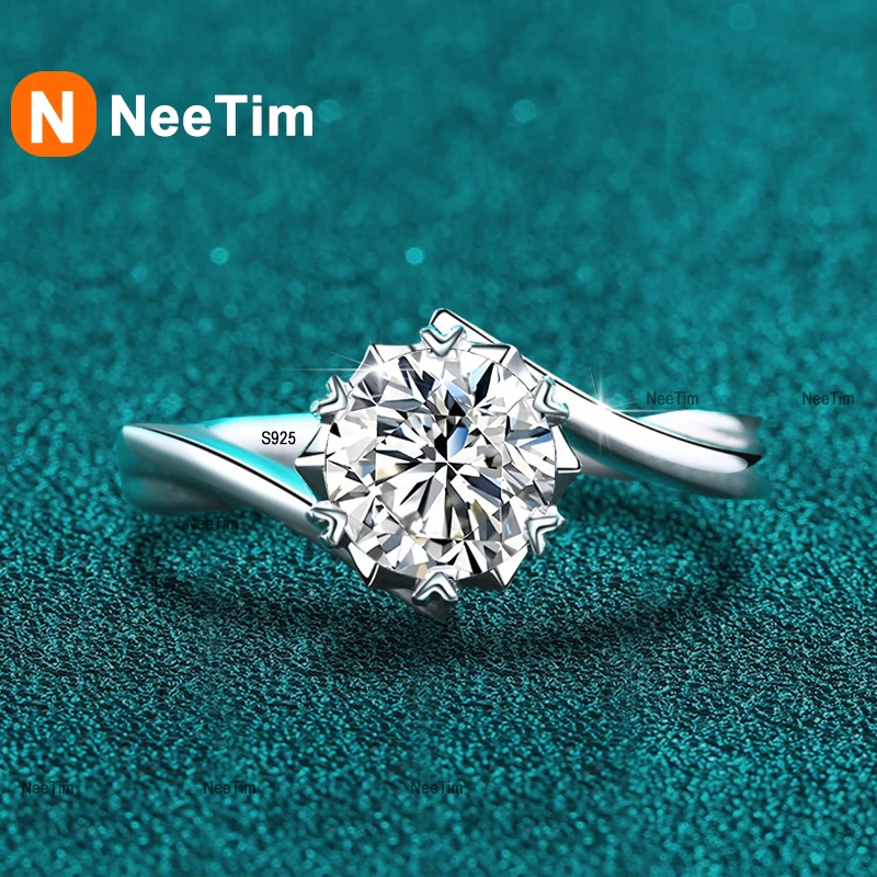 NeeTim 모이사나이트 랩 다이아몬드 반지 여성용, S925 실버 눈송이 약혼 웨딩 밴드 쥬얼리 인증, 0.5ct-2ct