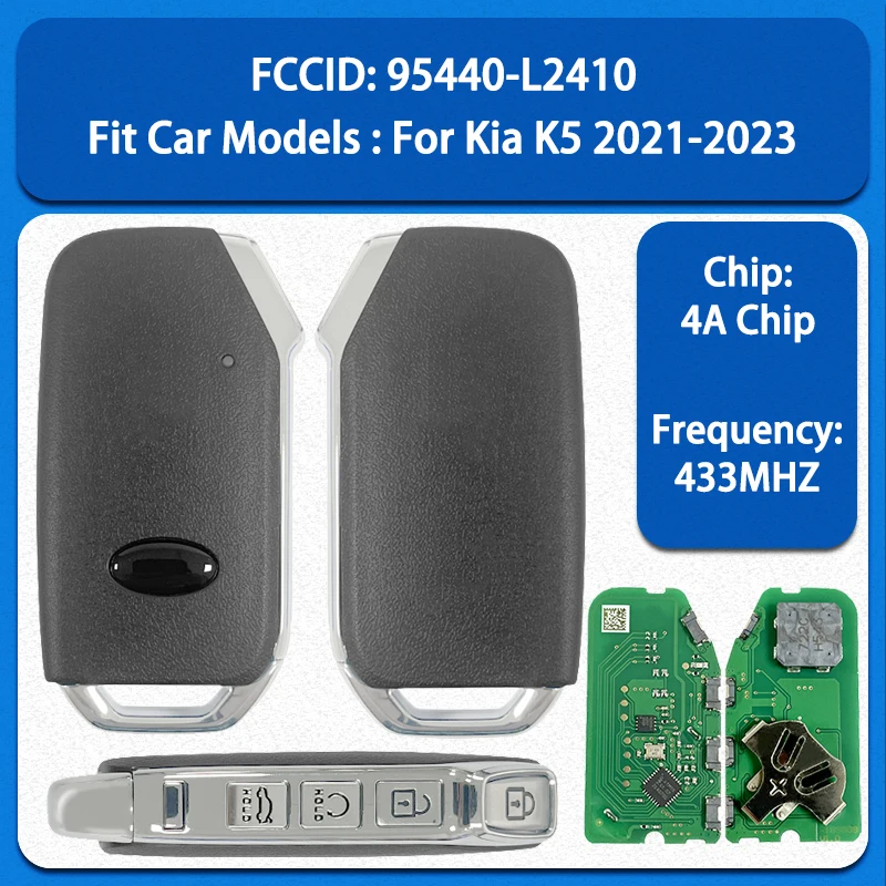 

CN051220 Запасной 4-кнопочный смарт-ключ с дистанционным управлением, чип 4A, 433 МГц, бесключевой доступ для Kia K5 2021-2023, FCC 95440-L2410