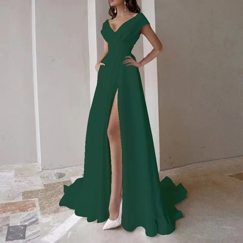 Vestido longo sem alças com decote em v, vestido formal de noite, cor sólida, princesa, midi, para mulheres, escritório para festa