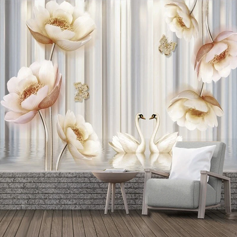 3D Modern Minimalist Dreamy Water-Spraying Swan And Floral Branch Relief Beautiful Romantic European Luxury Decorative Mural