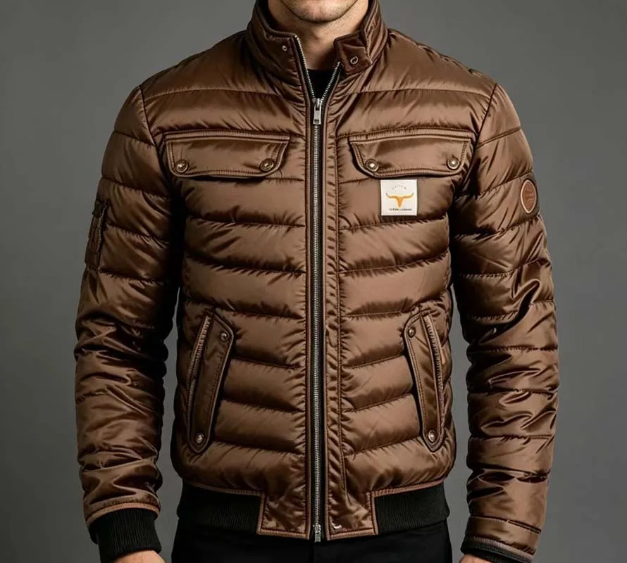 

Men Winter Quilted Bomber Jacket Faux Leather Spliced Stand Collar Windproof Warm Coat Male Vintage Cowboy Badge Casual Outerwea