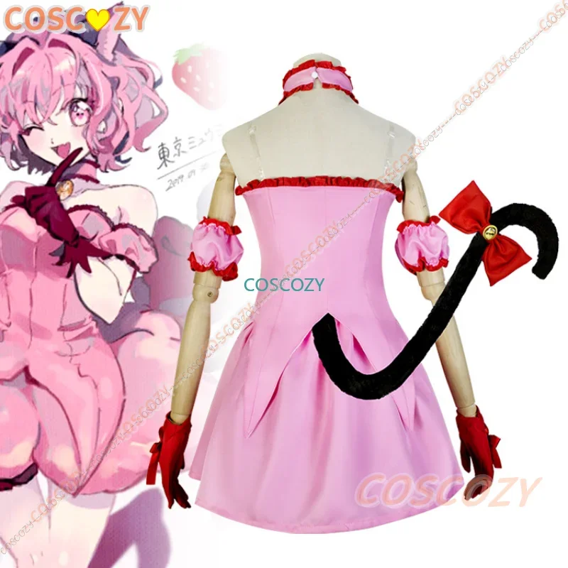 Pink Strawberry Ichigo Momomiya Cosplay Costume Womens Pink Dress with Cat Ears and Tail Cute Cat Cosplay for Comic Con