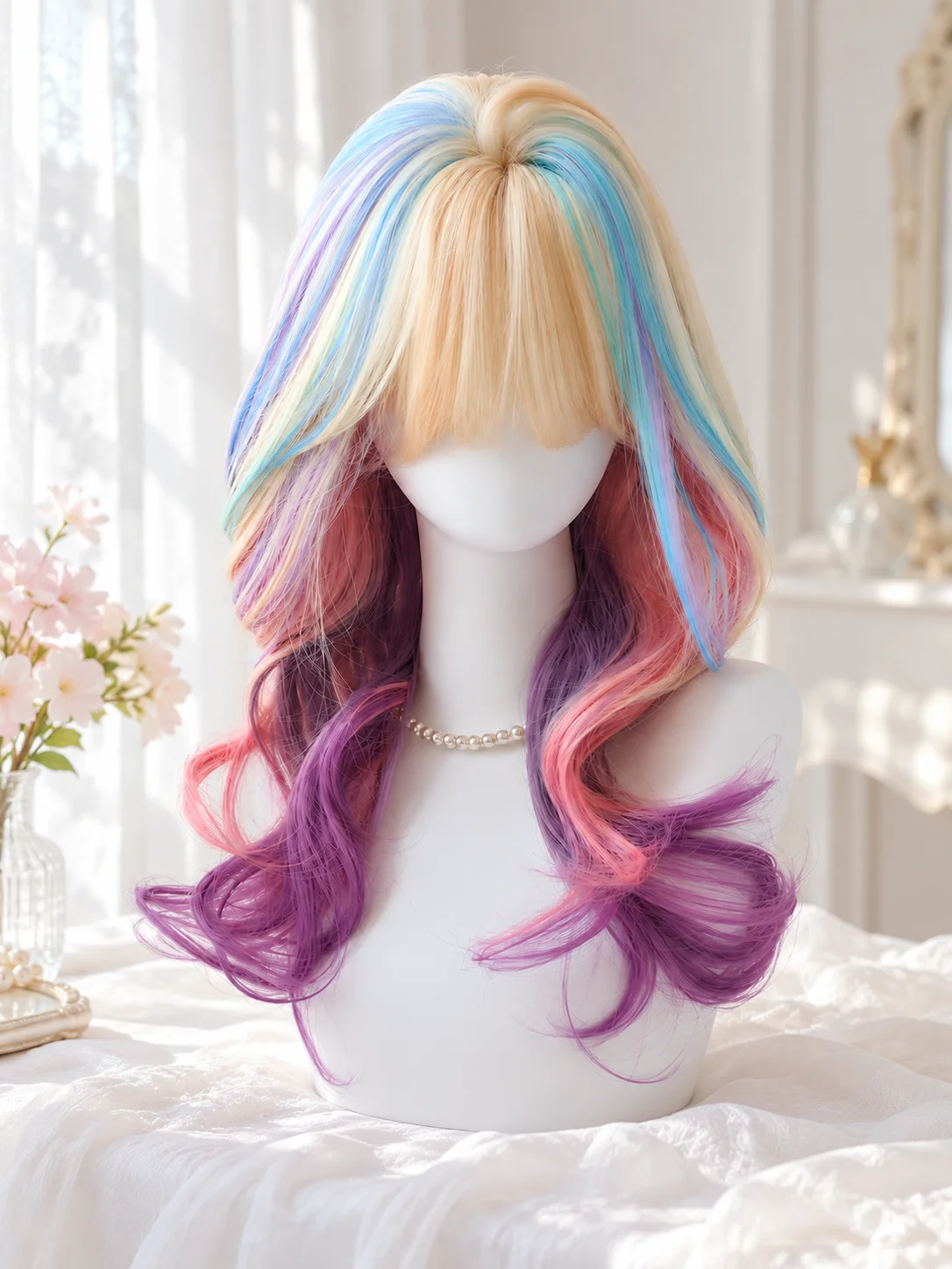 Pastel Color Jellyfish Wig Women Long Layered Synthetic Hair Full Head Wig Blunt Bangs Japanese Lolita JK Cosplay