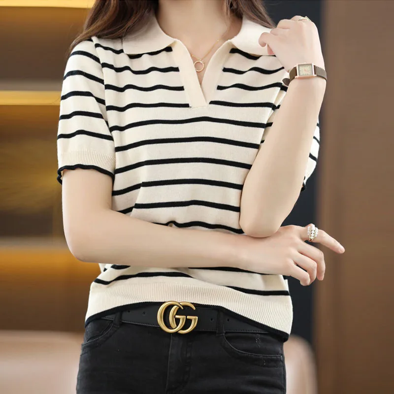 

Sueter Feminino Turn Down Collar Striped Knitted Sweater Women Pullovers New Short Sleeve Knit Sweater Pullover Women Tops Q3434