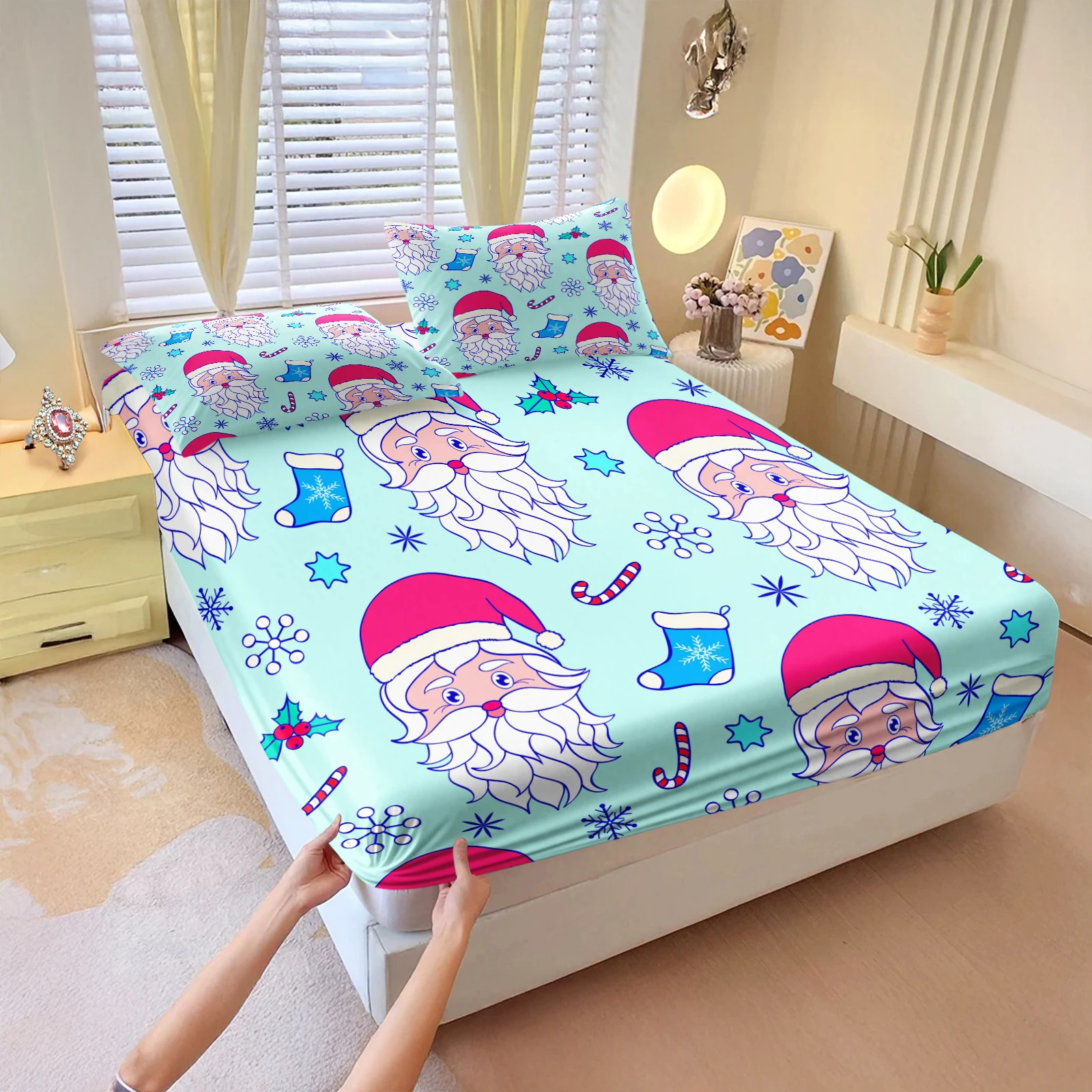 3Pcs Hand-drawn Santa Face Fitted Sheet Set, Blue Background with Stockings & Holly, Festive Holiday Bedding, No Pillow Insert