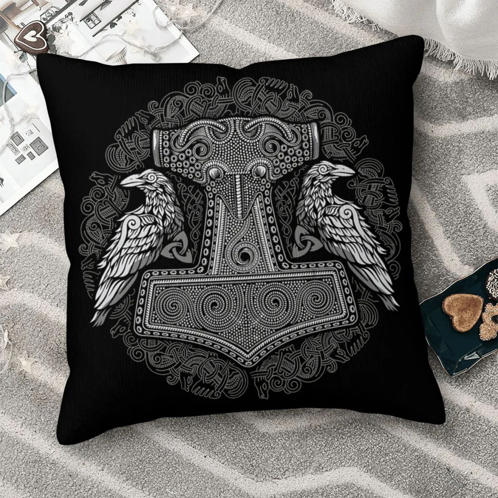 Norse Thors Raven Hammer Mjolnir Norse Pagan Knotwork Ravens Polyester Cushion Cover Viking Livingroom Office Reusable Pillow