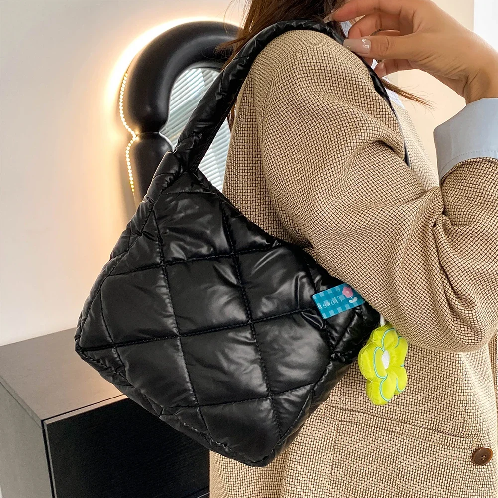 Quilted Top Handle Bag for Women Puffer Handbags Puffy Shoulder Bag Winter Cotton Padded Shopping Bag Ladies Purse Commute Bag