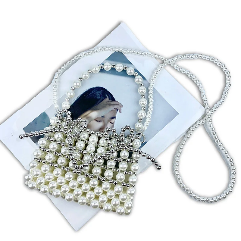 Fashion Hollow Out Pearl Bag Silver Bow Design Ladies Mini Handabg Handmade Woven Beaded Crossbody Bag Elegant Banquet Party Bag