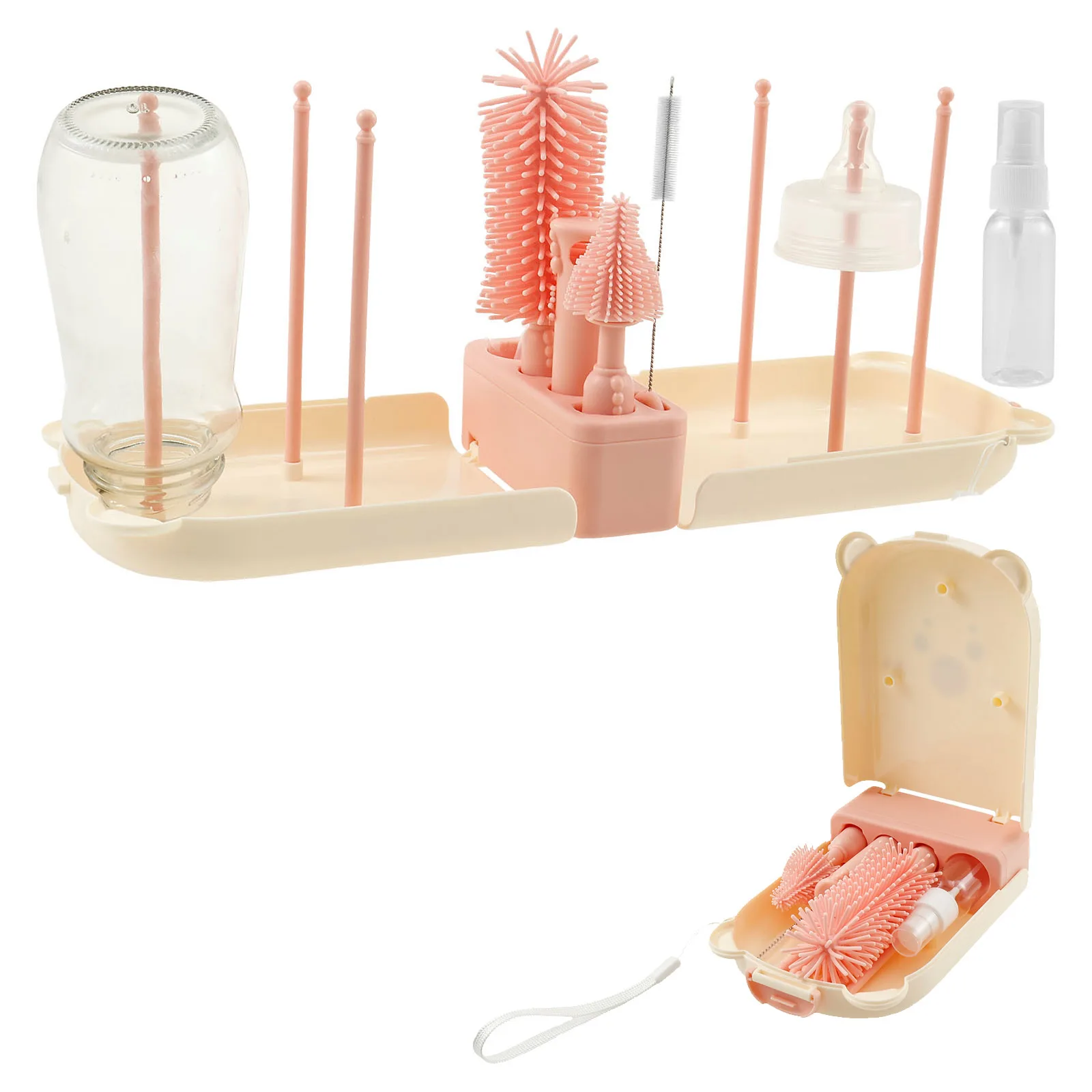 

Bottle Brush Set Portable Baby Bottle Cleaner Kit Drying Rack with Silicone Nipple Brush Bottle Cleaning Tool for Home and Trave