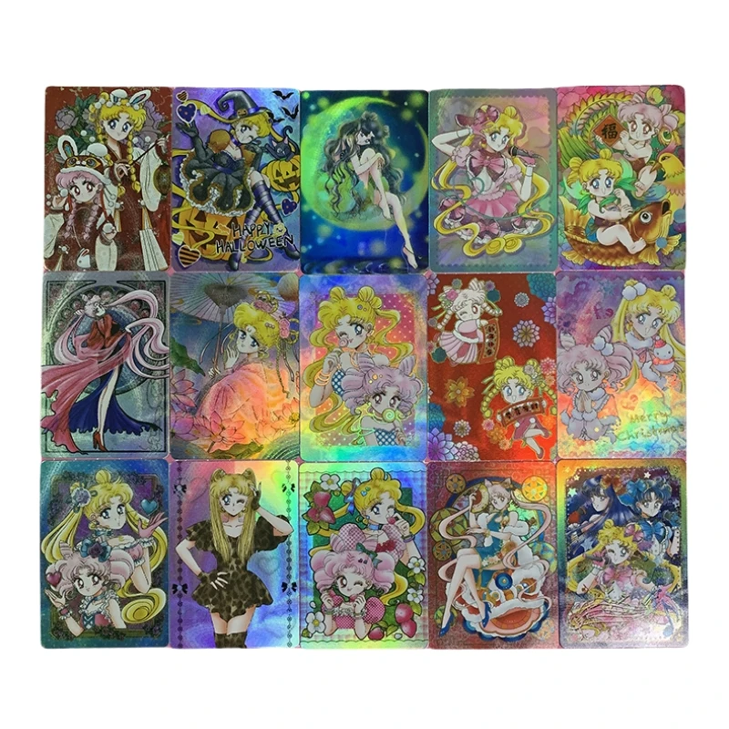 15pcs/set Tsukino Usagi Chibiusa Sailor Moon Animation Characters Refraction Flash Card Anime Classics Game Collection Cards Toy