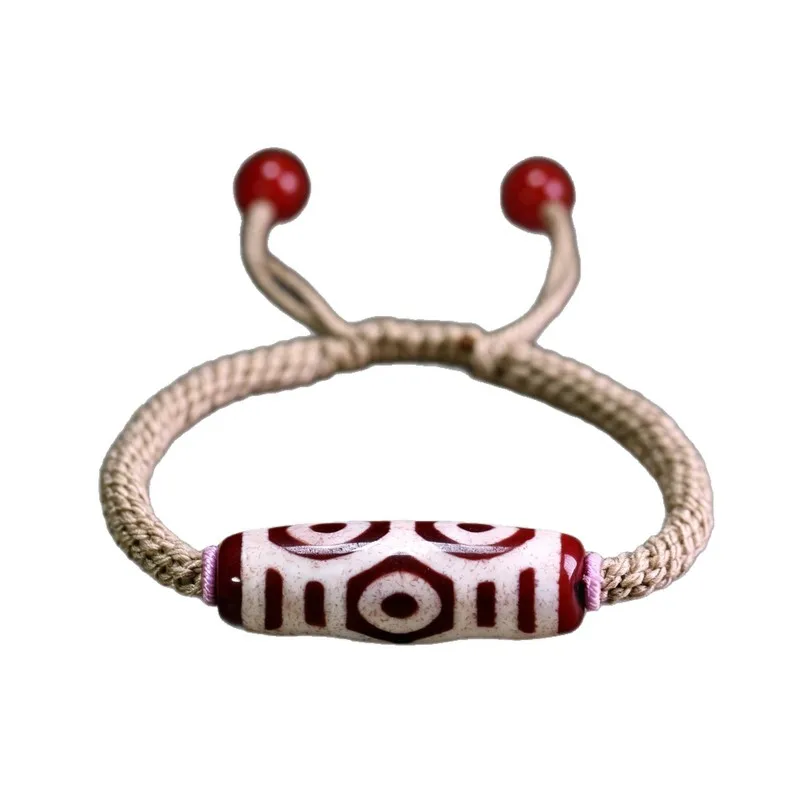 Natural Tibetan Genuine Old Agate Red Dragon Six-Eyed Dzi Bead Bracelet, approximately 13x38mm