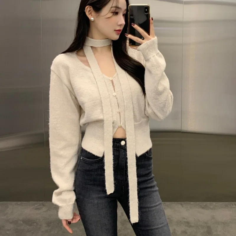 V-neck Halter Women 2024 Cardigans Femme Long Sleeve Ropa Mujer Single Breasted Sweaters Korean Tops Autumn Womans Clothing