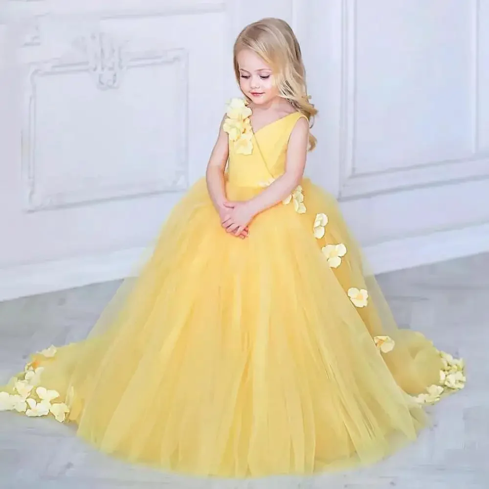 

Tulle Yellow Puffy Flower Girl Dress Cute Girl Birthday Shiny Wedding Party First Communion Gown Vestidos Elegantes Para Niñas