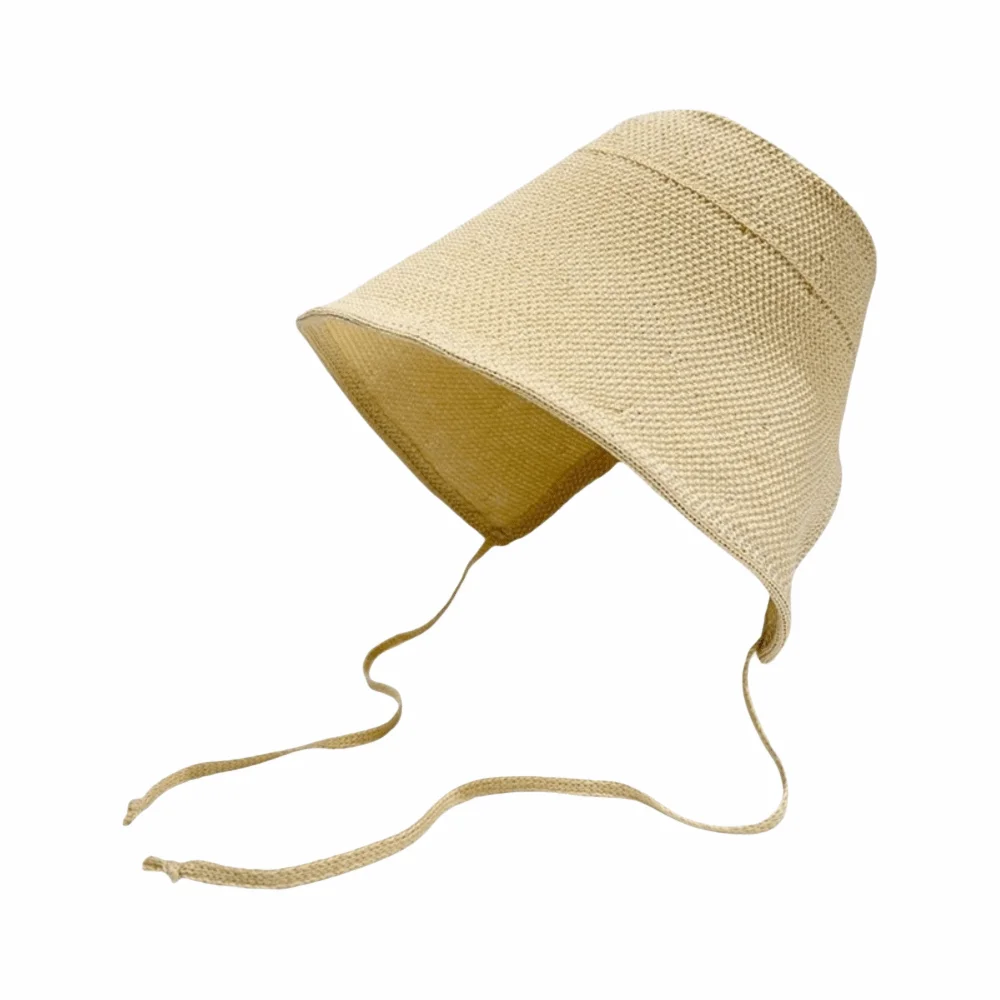Lace Up Closure Linen Straw Bonnets Bow Accent Geometric Pattern Sun Protection Hat Round Top Breathable Wide Brim Cloche Hat