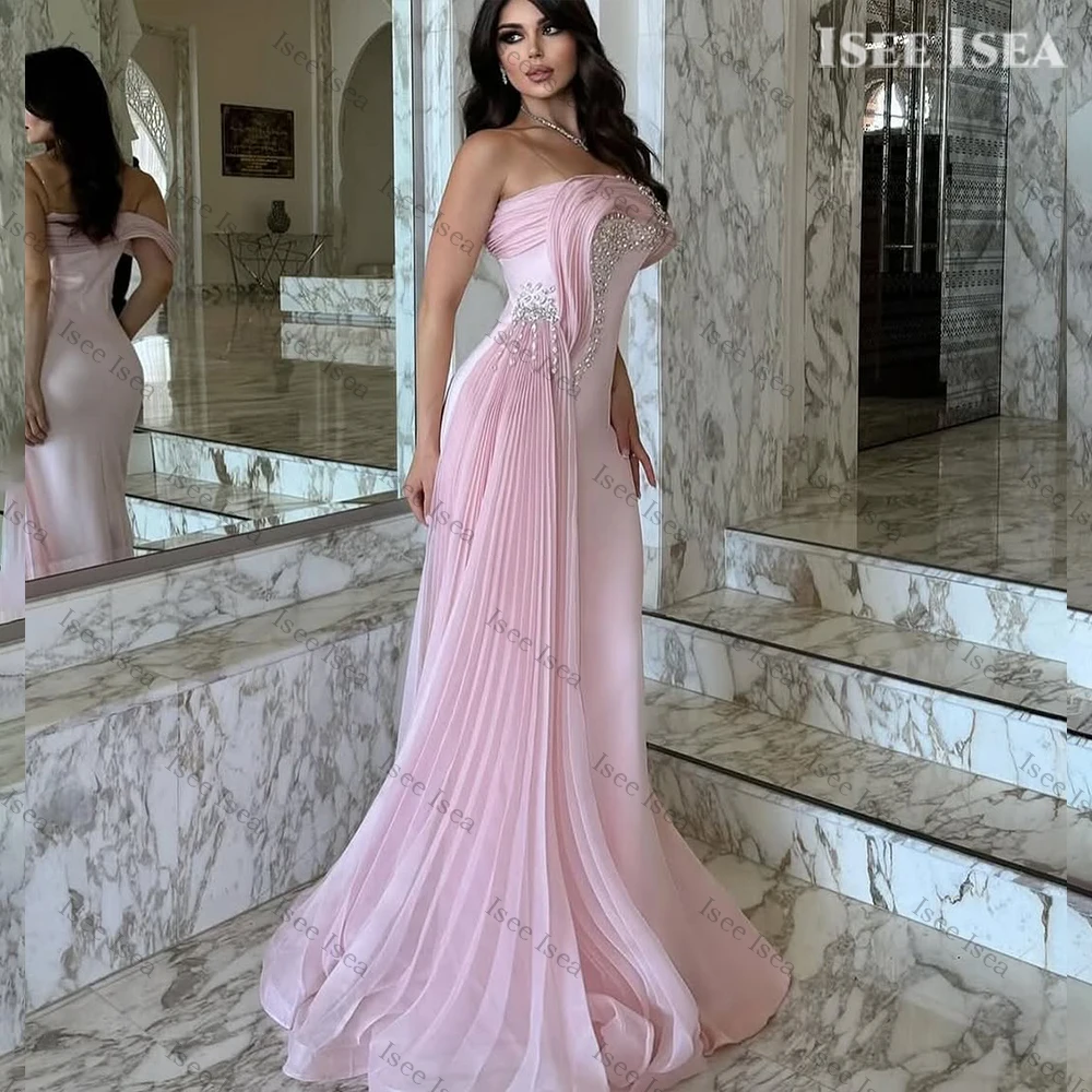 Romantische rosa Abendkleider, Satin, Perlenstickerei, trägerlos, elegant, Afrikaans Na Category – Roter Teppich-Stil, Meerjungfrau, Abschlussball, Erwachsene, individuell