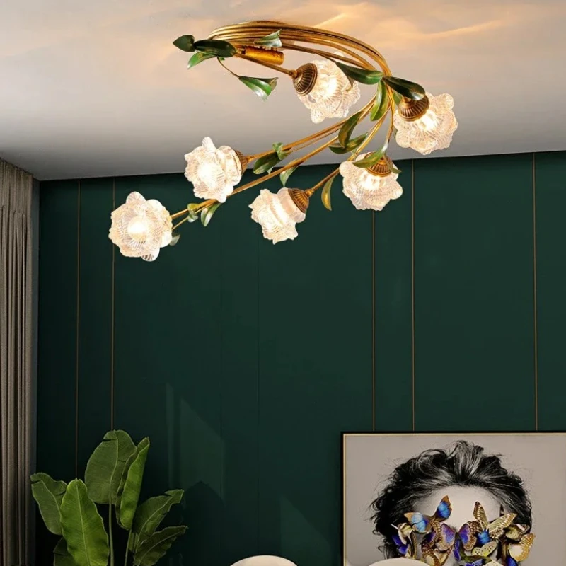 

French Retro Bedroom Dining Room Living Room Countryside Flower Glass Lamp Style Interior Decoration Ceiling Light
