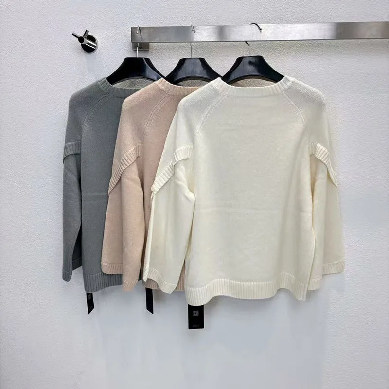 Damski sweter z wełny i kaszmiru, okrągły dekolt, unikalne rękawy zapinane na guziki, stylowy i uniwersalny pulower, sezon jesienny, nowy.