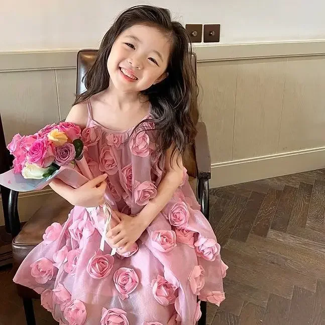 2023 Summer Baby Girls Rose Flower Princess Dress New Solid Korean Style Mesh Kids Straps Dresses Children Clothes Girl Dress