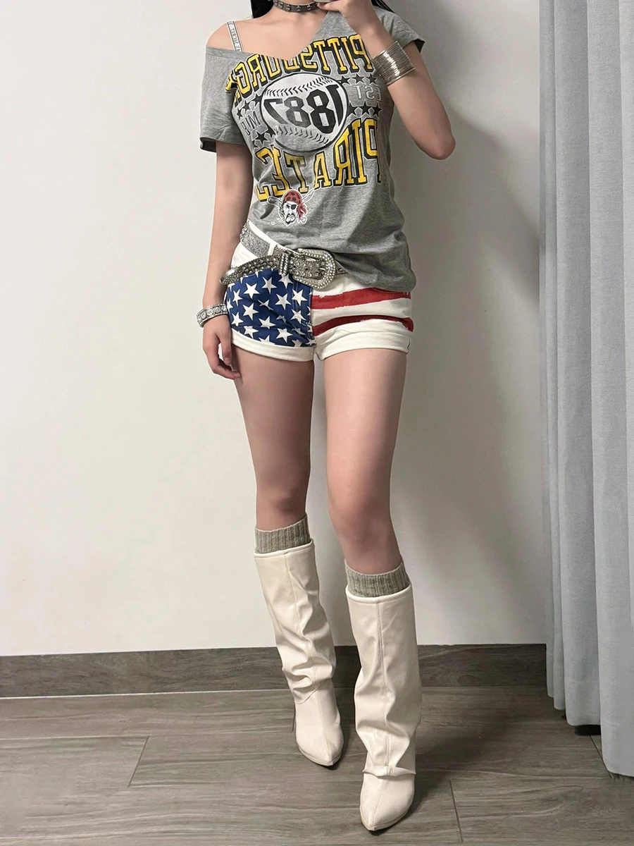 ReddaChic Star Y2k Women Rolled Denim Shorts Summer US Flag Print Color Block Slim Low Waist Bootypants Sexy Vintage Clothes