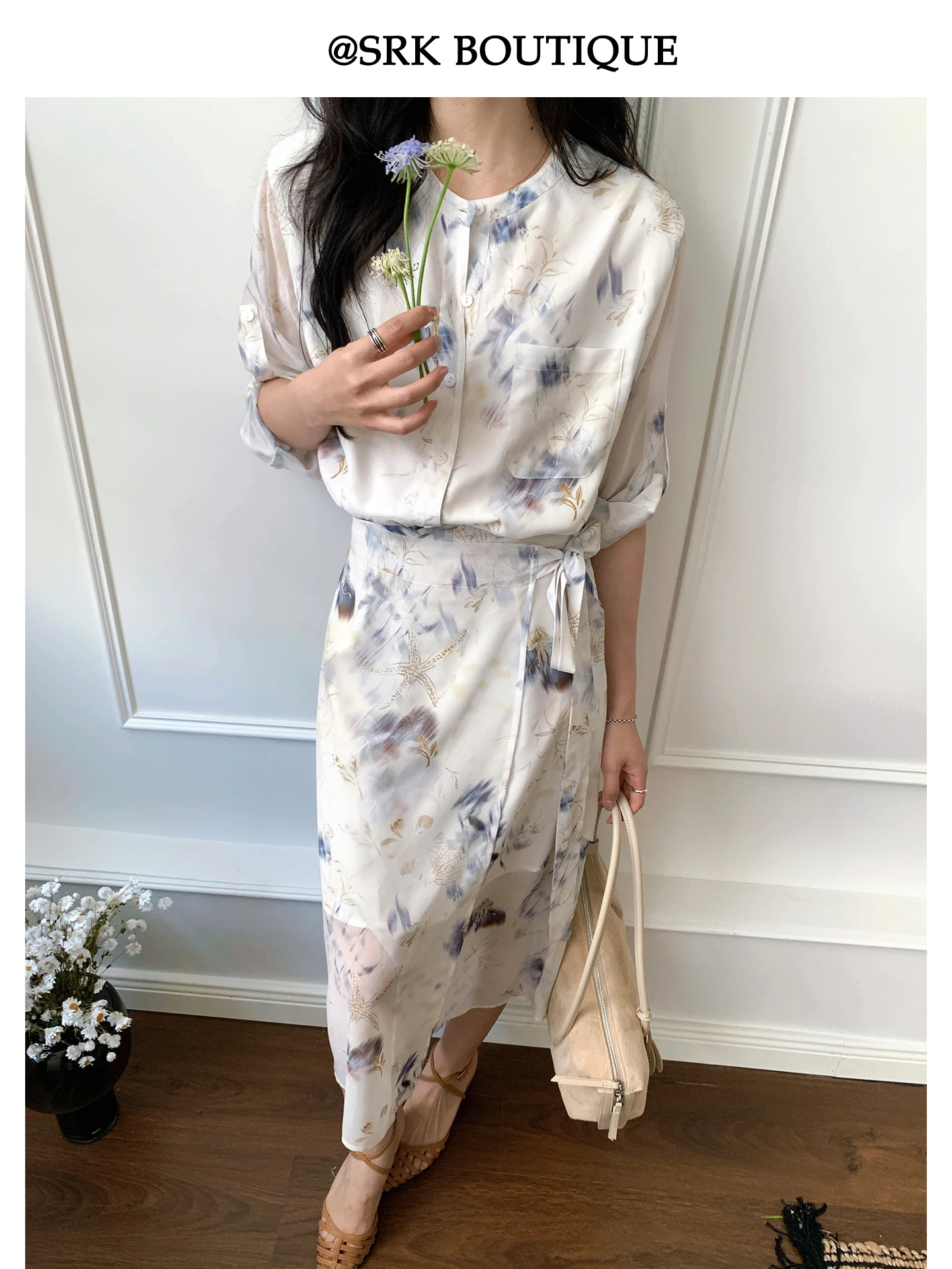 

Elegant SRK Chiffon Dress Slimming Waist Design Water-Media Print Fashion High New Long Dress French Style Midi Skirt