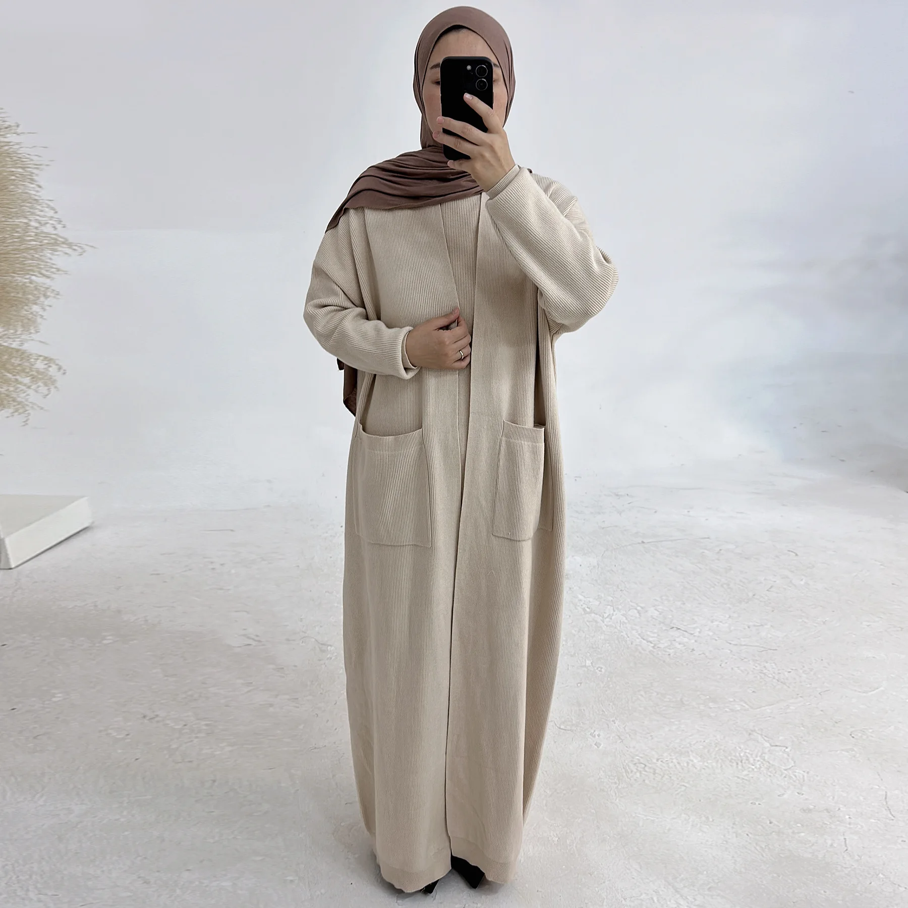 Inverno de malha aberta abaya 2 peça conjunto quimono + vestido sem mangas conjuntos muçulmanos abayas quentes para mulheres dubai luxo roupas islâmicas