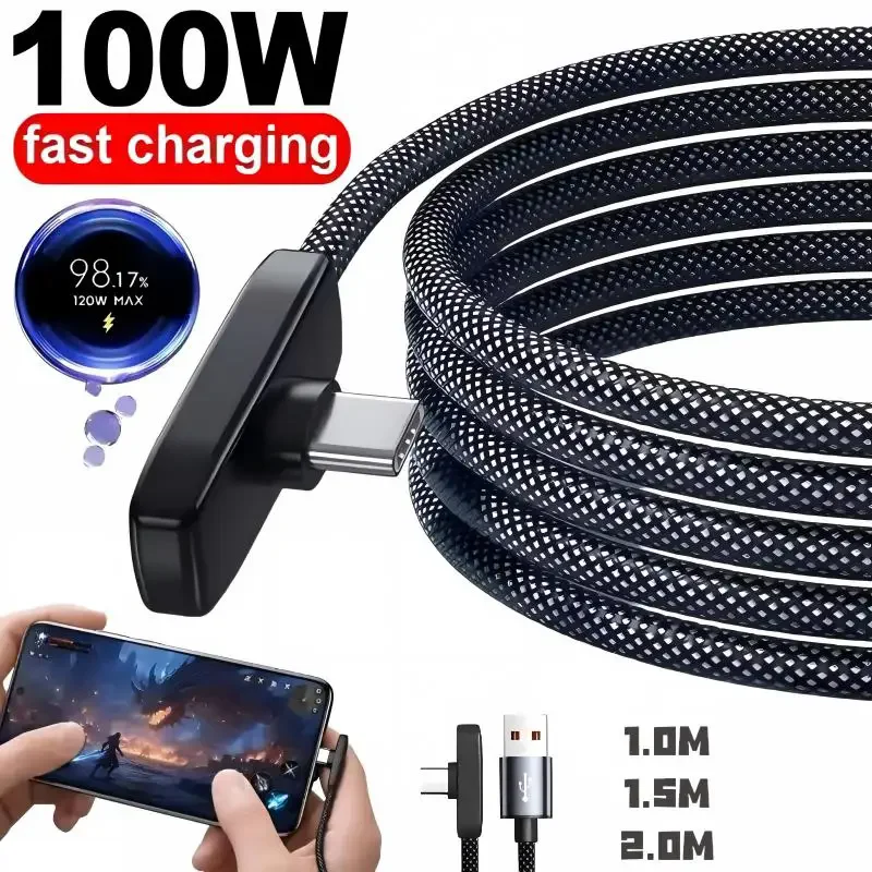 100W 10A USB Typ-C Kabel für Schnelles Laden 90° °   Tragbares rechtwinkliges Datenkabel für Samsung Xiaomi Huawei Google Laptop