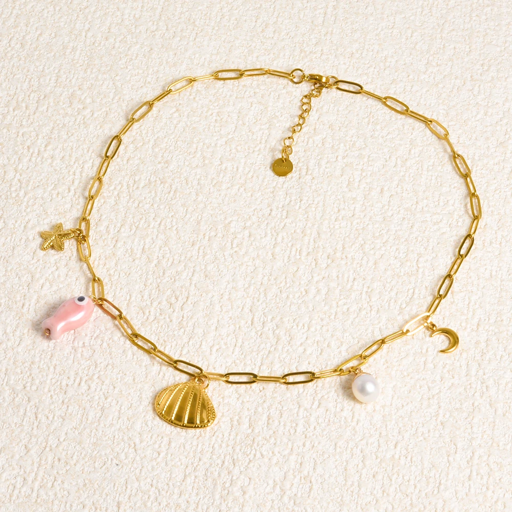 Personality Stainless Steel Natural Pearl Shell Ceramic Fish Starfish Moon Chic Necklace No Fade Collares Mujer Accessories Gift