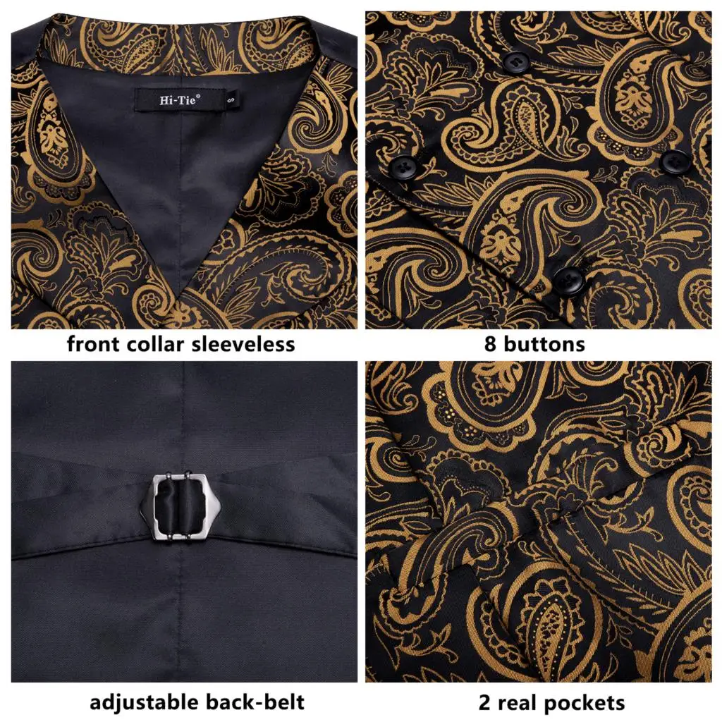 Hi-Tie Gold Black Paisley Floral Silk Men Slim Waistcoat Necktie Set For Suit Dress Wedding 4PCS Vest Necktie Hanky Cufflink Set