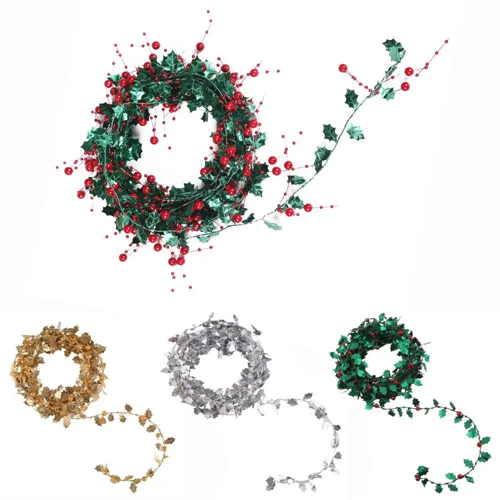 Green Leaves Christmas Leaves Rattan Colorful Red Fruit Simulated Rattan Beads String 5Meters Christmas Decoration Strips