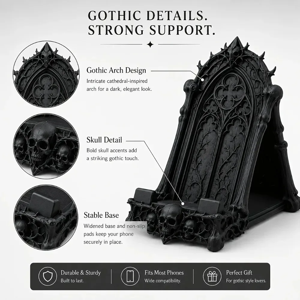 Gothic Skull Phone Stand Dark Gothic Desktop Phone Stand Skull Thorn Details Black Decorative Desktop for Desk and Bedside Table